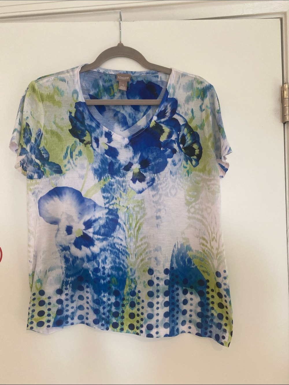 Chico's V-Neck Tee with Blue & Green Floral Print